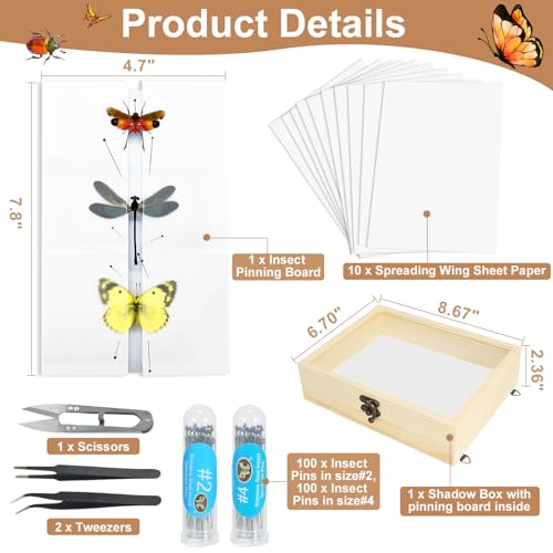 Making Insect Specimen Tools Kit - Insect Pins, Shadow Box, Pinning Board, Wings Pressing Paper, Tweezers, Scissors - Collection Display for Bug Hobbyists/Biology Projects