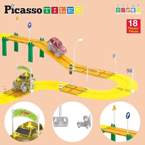PicassoTiles Magnet Tile Compatible Building Race Track Kit Traffic Sign Accessory Stabilizers with Sticker Set STEM Educational Magnets Toddler Racecourse Structure Blocks Add On Ages 3+ PTR01 - color: 18 Pcs Traffic Sign