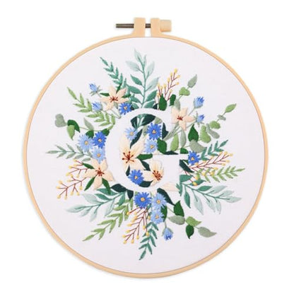 IUHUI Embroidery Kit for Beginners Adults - 26 Floral Letters Easy Patterns, DIY Hand Stitching Embroidery Set with Hoop (Flower and Grass Letter G) - color: Flower and Grass Letter G