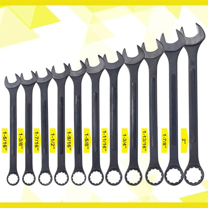 Jumbo Combination Wrench Set, SAE 1-5/16 Inches to 2 Inches, 11-Piece Open-End Wrench Set, Black Oxide Finish, Rolling Pouch - color: Sae - 11 Piece