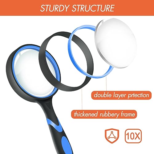 Leffis 4 Pack Magnifying Glass, 10X Non-Slip Handheld Reading Magnifier - color: 4 Pack(green/Yellow/Orange/Blue) With Lanyard
