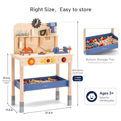 Pillowhale Large Wooden Play Tool Workbench Set with Assembly Toys, Workbench with Storage Space for Kids, Pretend Construction Tools Set Wooden Toy Drill Gift for Boys & Girls Age 3-5