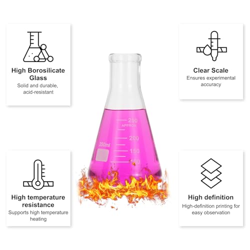 PATIKIL Erlenmeyer Flask, 8Pcs 250ml 8oz Narrow Mouth Graduated Flasks Borosilicate Glass with Printed Graduation for Lab Experiment Chemistry Science Study - size: 250ml/8oz