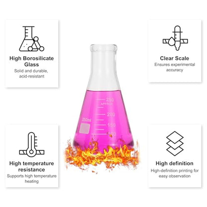 PATIKIL Erlenmeyer Flask, 8Pcs 250ml 8oz Narrow Mouth Graduated Flasks Borosilicate Glass with Printed Graduation for Lab Experiment Chemistry Science Study - size: 250ml/8oz