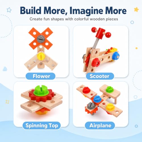 Kids Tool Set, 29 PCS Wooden Toddler Tool Box Workbench, Montessori STEM Educational Construction Pretend Play Toy, Birthday Gift for Ages 3-6 Year Old Boys Girls