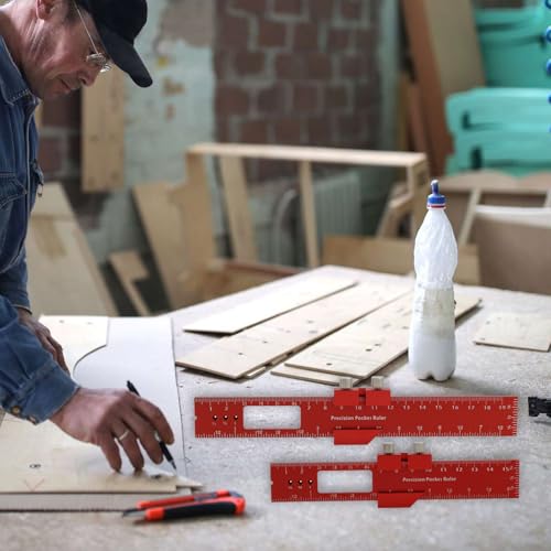 Pocket Ruler Woodworking T-Ruler 3pcs Aluminum Woodworking Rulers Scribing Ruler with Metric/Inch Measurements (Red)