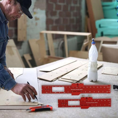 Pocket Ruler Woodworking T-Ruler 3pcs Aluminum Woodworking Rulers Scribing Ruler with Metric/Inch Measurements (Red)
