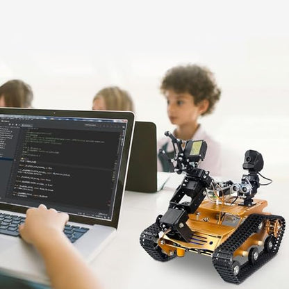 Smart WiFi Robot Kit with Raspberry Pi 5, 4DOF Robotic Arm Track Tank Chassis Robot Car with 2DOF HD Camera Ultrasonic Infrared Sensor, Programmable AI Robot Kit for Adults & Teens (Black) - color: Black