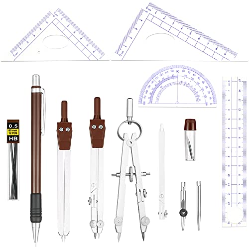 Outus 13 Pcs Geometry Set for Students Metal Compass Math Protractor - color: Brown