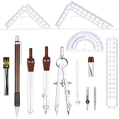 Outus 13 Pcs Geometry Set for Students Metal Compass Math Protractor - color: Brown