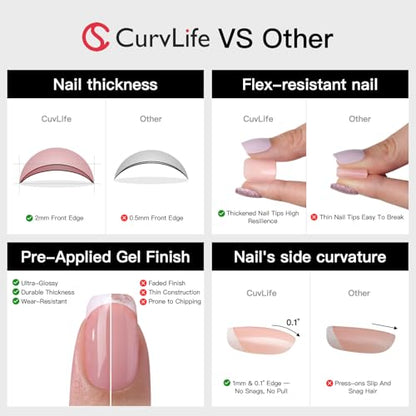CurvLife Short Square French Tip Press On Nails, Crystal White, Soft Gel - color: French White Rhinestones