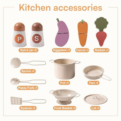 ROBOTIME Wooden Play Kitchen Set with Cutting Food, Ages 3+, 23in × 32in - color: Beige Color