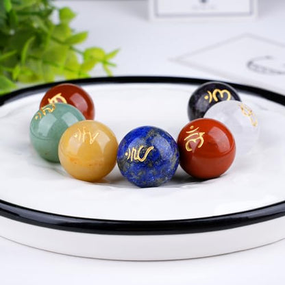 TGS Gems 7pcs Chakra Sphere Crystal Stones Natural Reiki Healing Crystals Gemstones with Engraved Chakra Symbol Chakra Stone Kit for Meditation Crystal - color: Ckl-yq