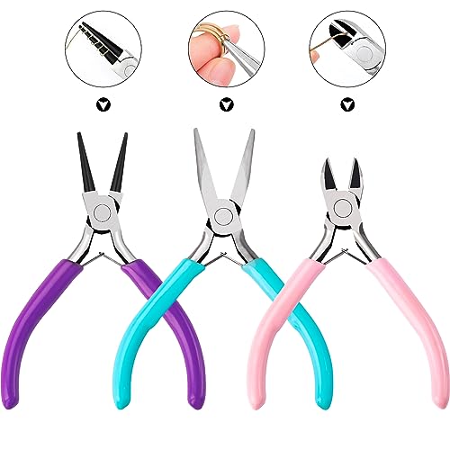 URSKYTOUS 3Pcs Jewelry Pliers Set Jewelry Making Pliers Tools Kit Include Jewelry Making Needle Nose Chain Nose Round Pliers Wire Cutter for Bracelet Beading DIY Craft Jewelry Making Supplies - color: 3pcs Pink Blue Purple