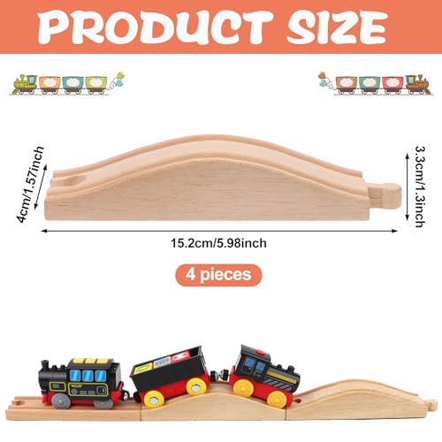 4PCS Wooden Train Track Expansion Packs - Rollings Hills Ascending Track Pieces, Bridge, Pier, Railway Accessories Compatible with Most Toy Train Railroads