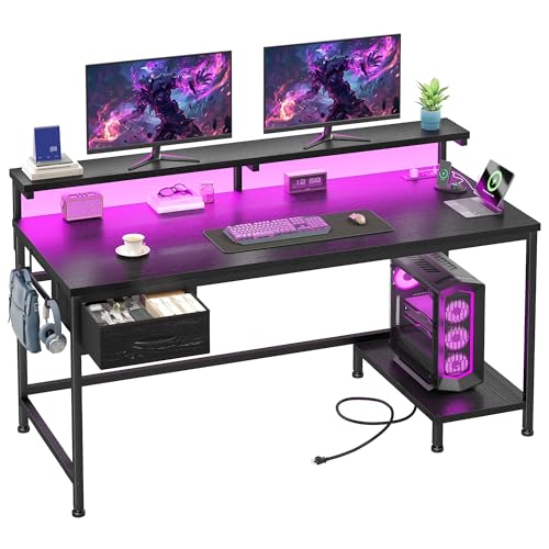 DurayLoly 39.3" Gaming Desk with Power Outlet and LED Lights,Bedroom,Black - color: Black, size: 39.3 IN