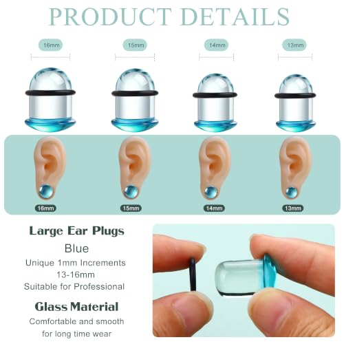 GEMQUEEN 24 Pcs 0.5mm Increments Glass Ear Stretching Kit Hypoallergenic - color: Blue, size: 13mm-16mm | 8pcs