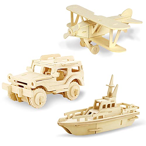 Georgie Porgy 3D Wooden Puzzles for Kids Toys Construction Woodcraft Kits DIY Model Puzzle Kits Birthday Gifts Pack of 3 (Biplane Off-Road Vehicle Yacht) - color: Biplane Off-road Vehicle Yacht