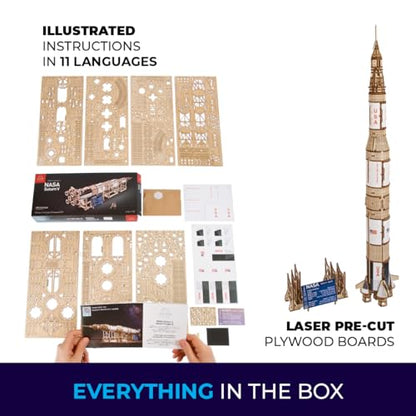 UGEARS NASA Saturn V 3D Puzzles for Adults - Wooden Model Kits for Adults Model Rocket Full Kit Space Shuttle Model Aerospace Engineering Gifts Brain Teaser, Hobby Set