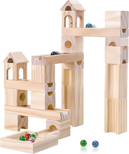 Wooden Marble Run for Kids Ages 4-8, 60 Pieces Wood Building Blocks Toys and Construction Play Set, Marble Track Maze Game STEM Learning Toys Gifts for Boys Girls - color: 60 Pcs