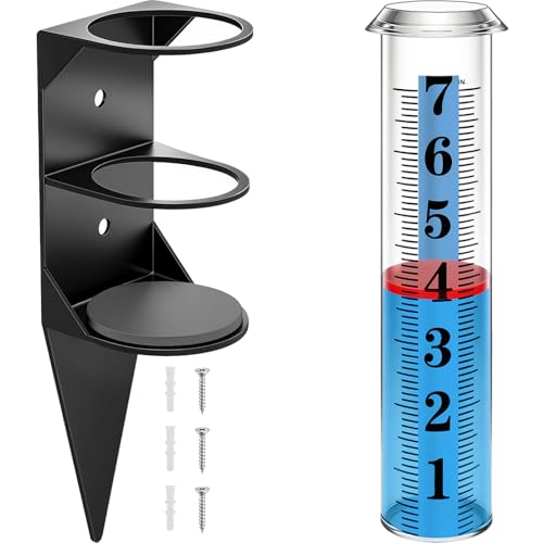 Rain Gauge Outdoor,7" Rain Gauges Outdoors Best Rated with Metal Rack Holder, Rain Measure Gauge, Easy to Read with Red Float, Large Font Plastic Replacement Tube for Yard Garden - color: Metal rain gauge