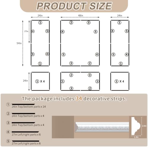 JBER Peel and Stick Wall Molding Kit, 6 Pre-Cut Wainscoting Panels, White - color: White-3 Pack-Sun, size: 78 x 24 in+78 x 48 in