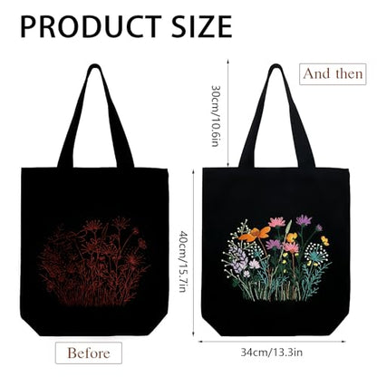 Canvas Tote Bag Embroidery Kit with Pattern, Beginner Embroidery Kits for Adults, Arts and DIY Crafts Embroidery Starter kit, Include Stamped Embroidery Bag, Embroidery Hoops, Color Threads and Tool. - color: Black With Floral
