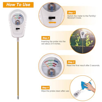Soil Test Kit 3-in-1, Soil Moisture Meter, Soil PH Meter, Fertility Soil Tester, Soil Tester for Garden, Lawn, Farm, Outdoor & Indoor Use (Silver Frost White)