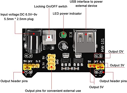 3.3V 5V MB102 Solderless Breadboard Power Supply Module with 9V Battery Clip Power Cable 2.1x 5.5mm Male DC Jack Plug for Arduino (Pack of 8) - size: 8 Set