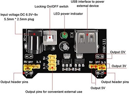 3.3V 5V MB102 Solderless Breadboard Power Supply Module with 9V Battery Clip Power Cable 2.1x 5.5mm Male DC Jack Plug for Arduino (Pack of 8) - size: 8 Set