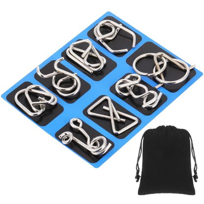 8 Pack Brain Teaser Puzzles Metal Wire Ring with Pouch, C Style - style: C Style