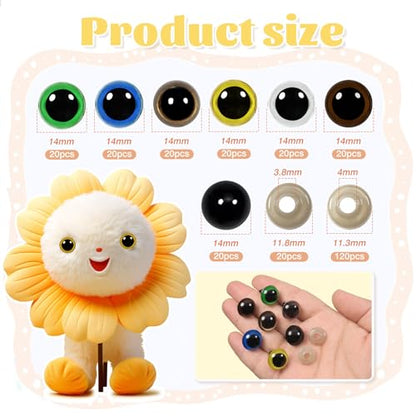TOAOB 140pcs 14mm Colorful Plastic Safety Eyes Craft Eyes with Washers for Stuffed Animals Amigurumis Crochet Bears Dolls Making - size: 14mm