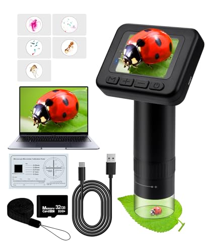 Handheld Microscope for Kids - 1000X Portable Microscope for Kids, Photo and Video Microscopes 2in Screen, Science Kit Gift for Kid Adults Boys Girls, Digital Coin Magnifier, 32GB, 5Pcs Sample Slides