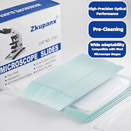 Zkupanx Microscope Slides and Coverslips Set - 50 Pre-Cleaned Glass Slides + 100 Cover Slips, Ground Edges, Laboratory Supplies for Scientific Experiments, Biology, Pathology