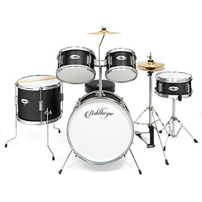 Ashthorpe 5-Piece Complete Kids Drum Set with Genuine Brass Cymbals - Junior Beginner Kit with 16" Bass, Throne, Hi-Hats, Pedals & Drumsticks - Black - color: Black