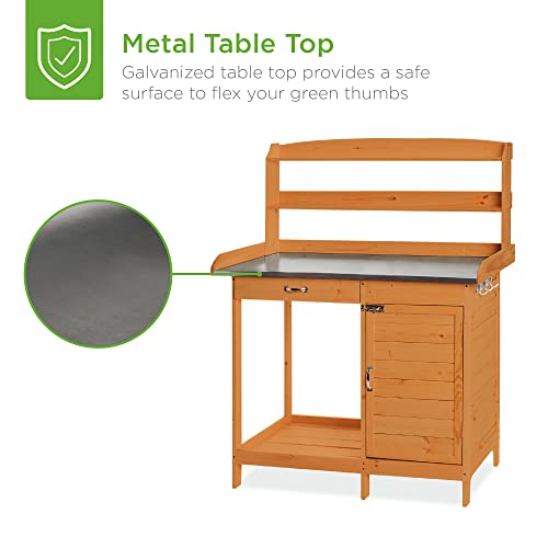 Best Choice Products Outdoor Garden Wooden Potting Bench Work Station w/Metal Table Top, Pre-Stained Finish, Cabinet, Sliding Drawer, Large Bottom Shelf - Brown