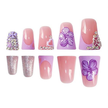 24Pcs Press on Nails Medium Duck Mouth Fake Nails Square French Tip False Nails Press Ons with 3D Flower and Rhinestones Designs Acrylic Nails Glossy Full Cover Artificial Nail for Women - color: Style-A18