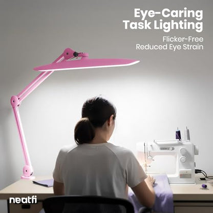 Neatfi XL 2200 Lumens 24W LED Desk Lamp – Shadow-Free Task Lighting | 4-Level Dimming | Home Office & Crafts Use | 20-Inch Wide Head (Pink, Non-CCT with Clamp) - color: Pink, size: Non-CCT with Clamp