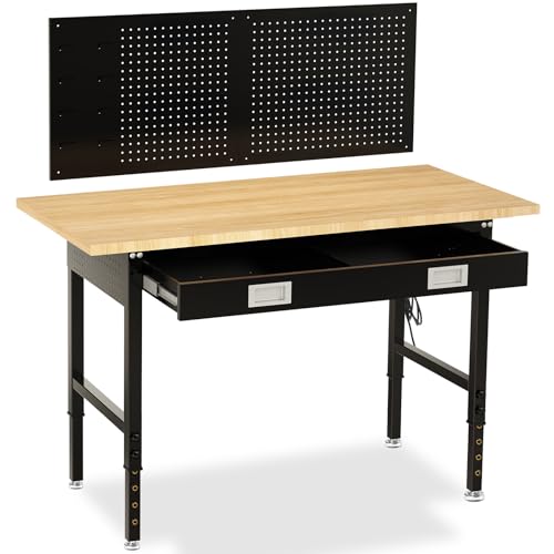 60" Workbench with Drawers, Adjustable Height Work Table, 2000 LBS Heavy-Duty, Rubber Wood, Black, Steel - size: 60"| Drawer | Pegboard | Power Outlets