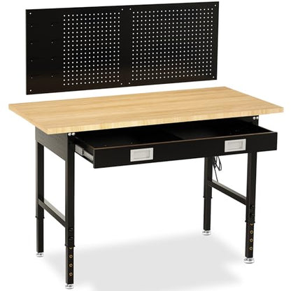 60" Workbench with Drawers, Adjustable Height Work Table, 2000 LBS Heavy-Duty, Rubber Wood, Black, Steel - size: 60"| Drawer | Pegboard | Power Outlets