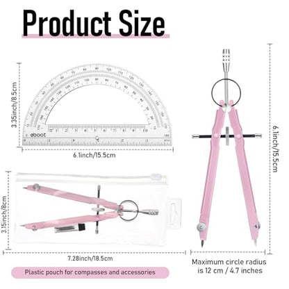 EBOOT Math Geometry Set Metal Compass 6" Clear Protractor, Pink - color: Pink