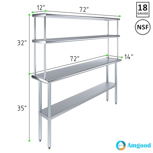 Amgood Stainless Steel Work Table Double Tier Overshelf | NSF (14" x 72" Work Table + 12" Overshelf) - size: 14" x 72" Work Table + 12" Overshelf