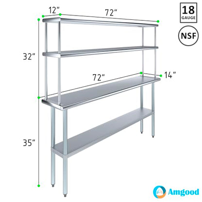 Amgood Stainless Steel Work Table Double Tier Overshelf | NSF (14" x 72" Work Table + 12" Overshelf) - size: 14" x 72" Work Table + 12" Overshelf