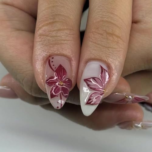 Almond Press on Nails Long Wine Red Fake Nail3D Flowers Charm Acrylic Nail Press ons with Embossed Design Stick on Nails for Women 24pcs - color: Color15