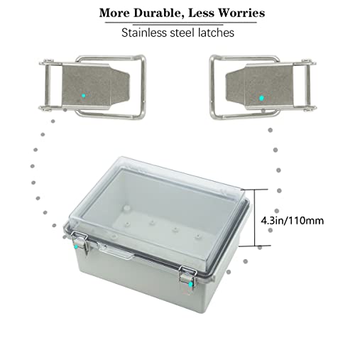 Zulkit Junction Box ABS Plastic Dustproof Waterproof IP67 Electrical Boxes Hinged Shell Outdoor Universal Project Enclosure Grey Clear Cover, Stainless Steel Buckles 8.7 x 6.7 x 4.3 Inch - size: 8.7"x6.7"x4.3" TC k