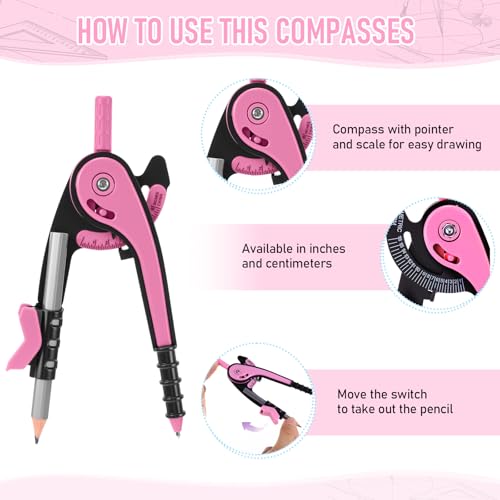 Eboot Student Geometry Math Set, Drawing Compass and 6 in, Pink - color: Pink