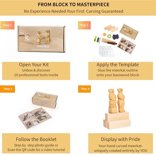 KARVLY Wood Carving Kit for Beginners Adults - 10-Piece Whittling Kit with Stainless Steel Knife, Basswood Blocks, Leather Strop & QR Video Tutorial