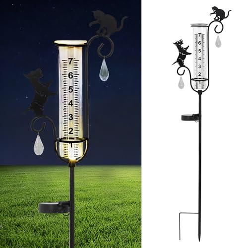 33in Solar Dog Cat Rain Gauge Metal Garden Stake Black Yorkie Decor - color: Yorkie