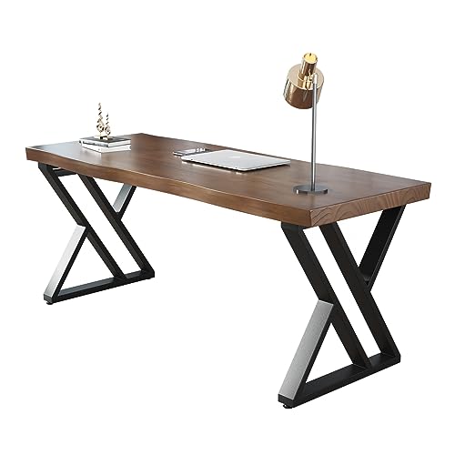 Sihtengxxhongs Solid Wood Desk 55 Inch, Rustic Home Office Computer Desk with Heavy Duty Metal Legs, Large Executive Writing Study Desk, Real Wood Workstation for Home, Office, Dining Room - size: FS-55