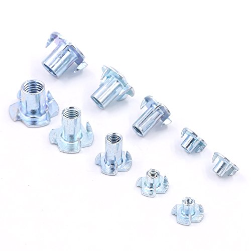 Hilitchi 105-Pcs M4 5 6 8 10 Zinc Plated Steel T Nuts Four Claw Nuts Assortment Kit for Wood Rock Climbing Holds Cabinetry Furniture